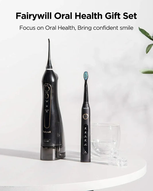 Fairywill Oral Care Combo 5020E, Water Flosser and Electric Toothbrush with 507 Toothbrush Set for Braces Bridges Care, Black
